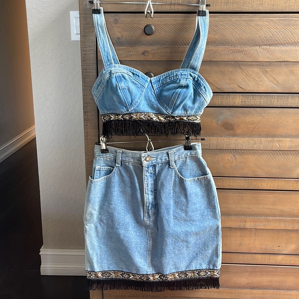 Maximum energy denim fringe skirt and top
